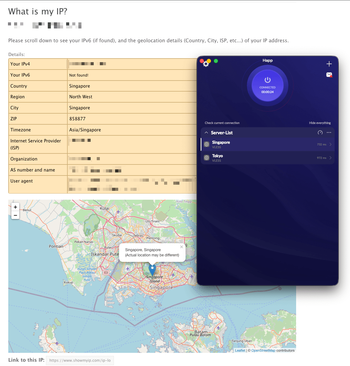 Happ macOS configuration showing the Singapore VPS IP